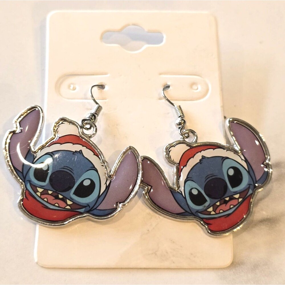 Disney Stitch Christmas Santa Hat Enamel Dangle Earrings Holiday Fish Hook #1222